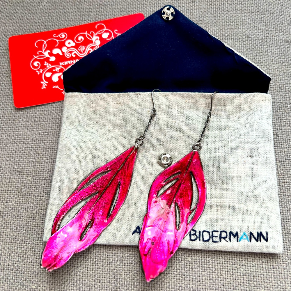 Aurelie Bidermann pink 🦩 dipped enamel swan feather 🪶 earrings
